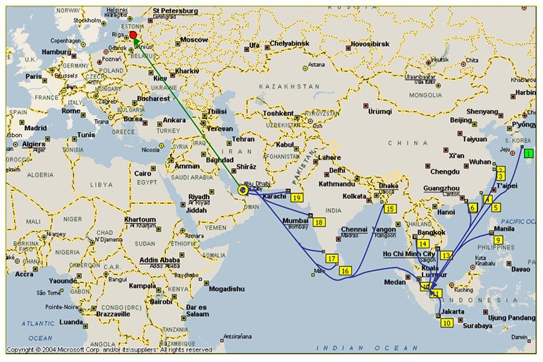 Sea air service map from APAC ports to Europe