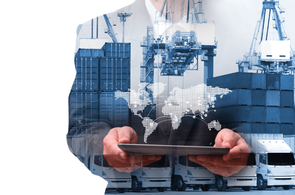 Man holding a tablet displaying a world map with trace routes, reflecting cargo logistics in his shadow.